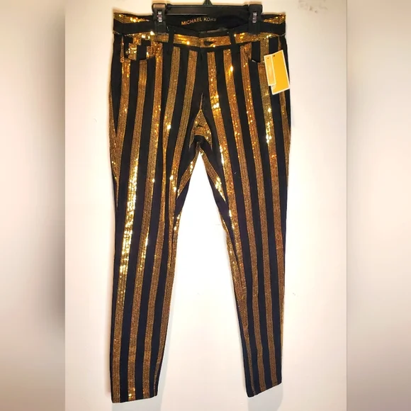 NWT MICHAEL KORS-size 4- striped gold sequins pants - Picture 1 of 9